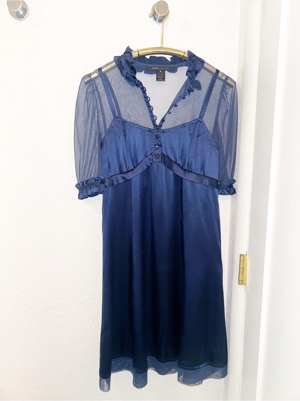 MARC JACOBS The 💯 Silk Sheer Overlay NAVY Loop Button Closure MIDI dress SZ: 8